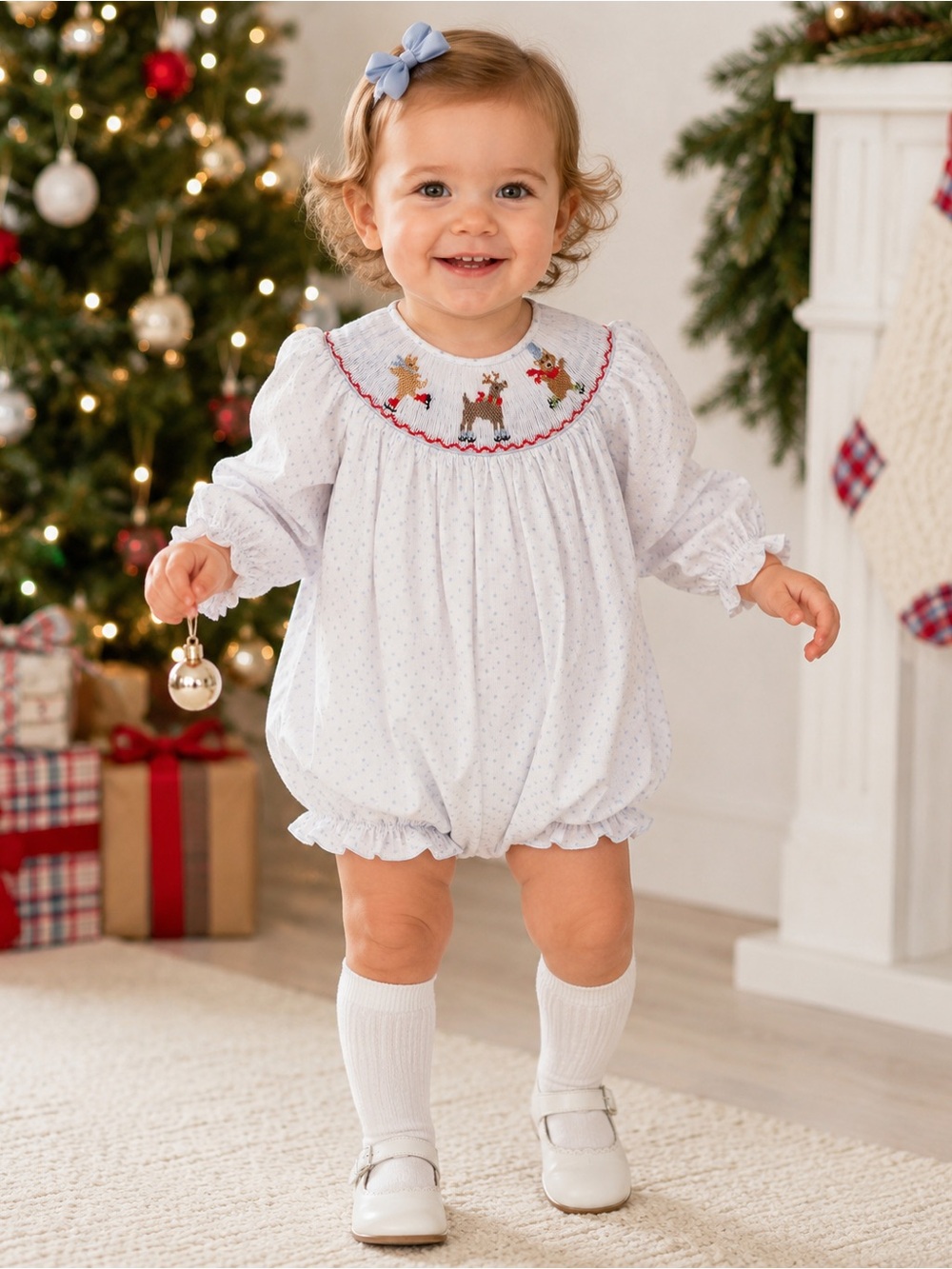 Ruth and Ralph Hand Smocked “Animal Skaters” Long Sleeve Holiday Winter Bubble